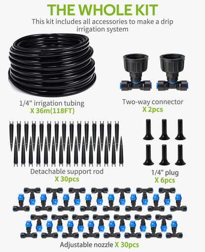 HIRALIY 118FT Greenhouse Misting Drip Irrigation Kit, Hanging Plant Watering, Garden Watering System with 1/4" Blank Tubing and Misting Nozzles, Quick Connector Design Automatic Irrigation System