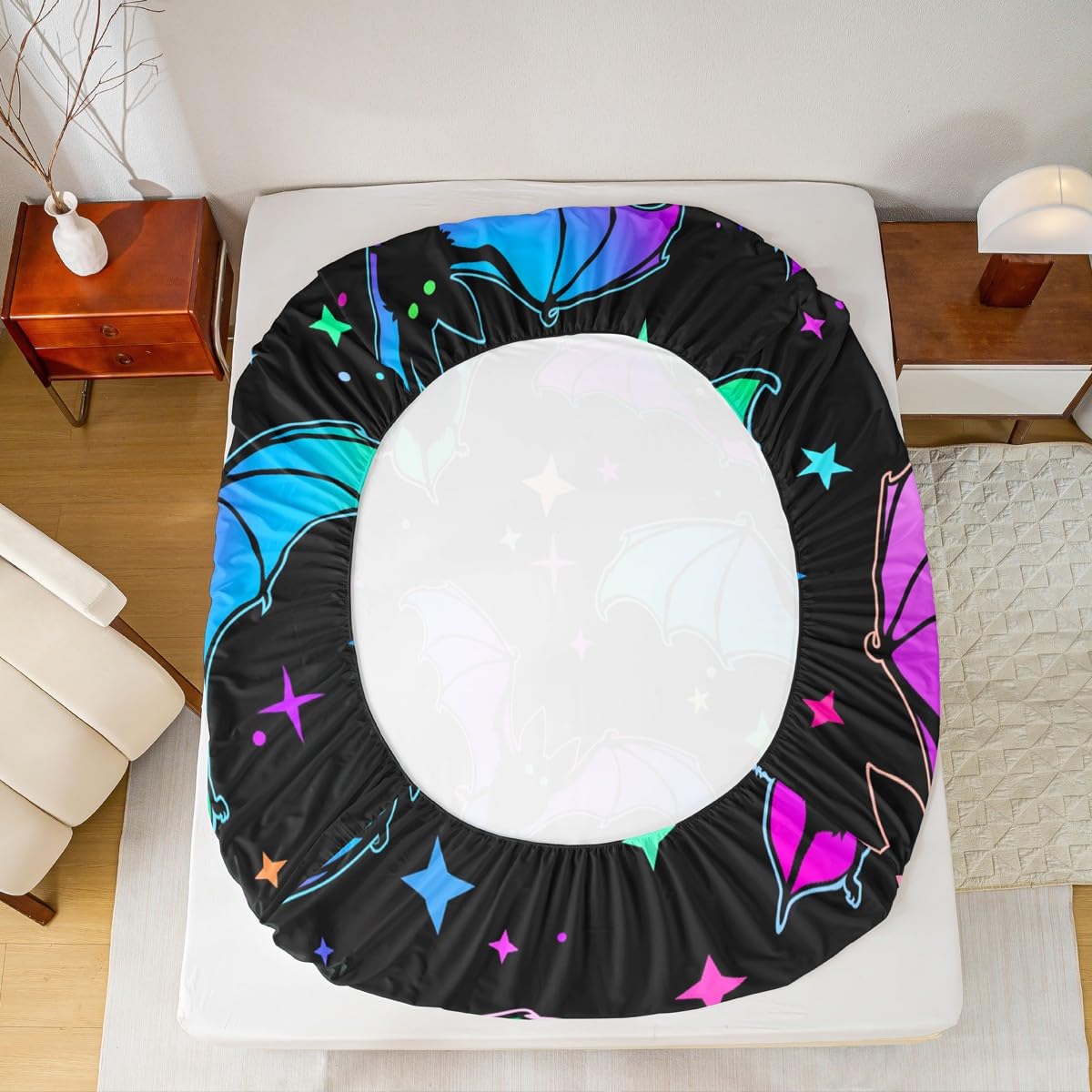 Erosebridal Halloween Bat Bedding Set King Size Glitter Stars Galaxy Bed Sheet Set for Kids Child, Cartoon Gothic Bats Fitted Sheet Halloween Decorations Teal Blue Green Purple