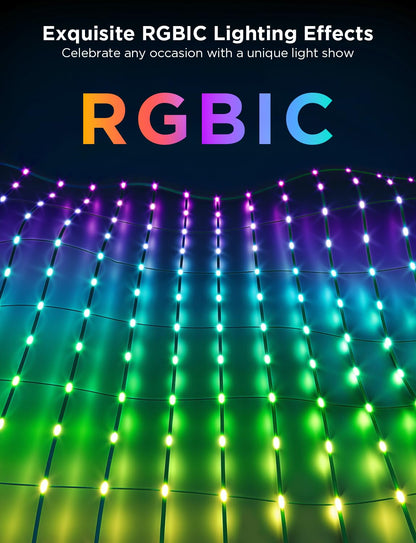 Govee Outdoor Net Lights, 2.8 × 9.4ft with RGBIC and DIY Functions, 480 LEDs Smart Net Lights with 64 Modes for Bush Patio Decor, IP65 Waterproof, Compatible with Alexa & Google Assistant, Green Wire