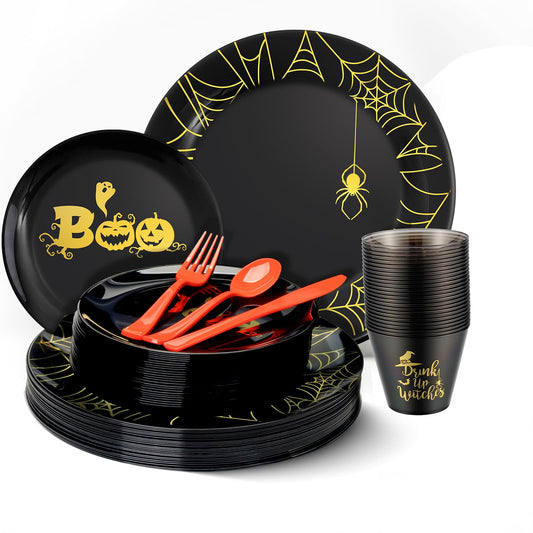 ISFANGCO 150PCS Plastic Spoof Black Dinnerware Set for 25 Guests with Gold Spider Web & Smiley Pumpkin,Heavy Duty Plastic Orange Disposable Cutlery,Gold Witch Printed Black Cups