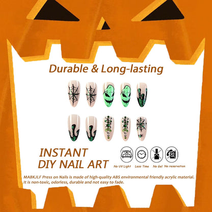 Halloween Press on Nails Medium Almond Fake Nails Nude Full Cover Green Spider Web Nightmare Christmas Nails Rhinestones False Nails with Designs Acrylic Artificial Nails for Women Girls 24Pcs