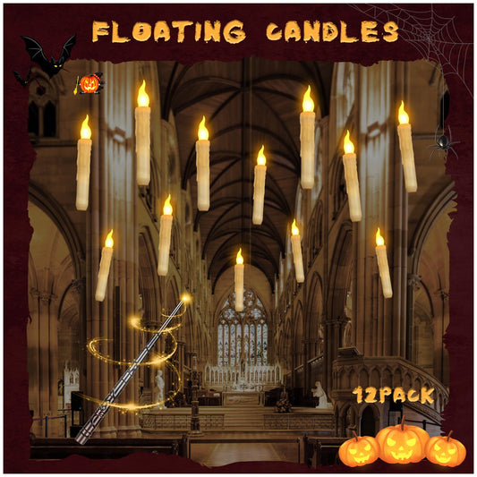 Floating Candles with Wand Remote, Magic Floating Halloween Candles, Flameless LED Flickering Witch Decor Hanging Candles for Halloween Christmas Birthday Party Room Ceiling Decorations, Pack of 12