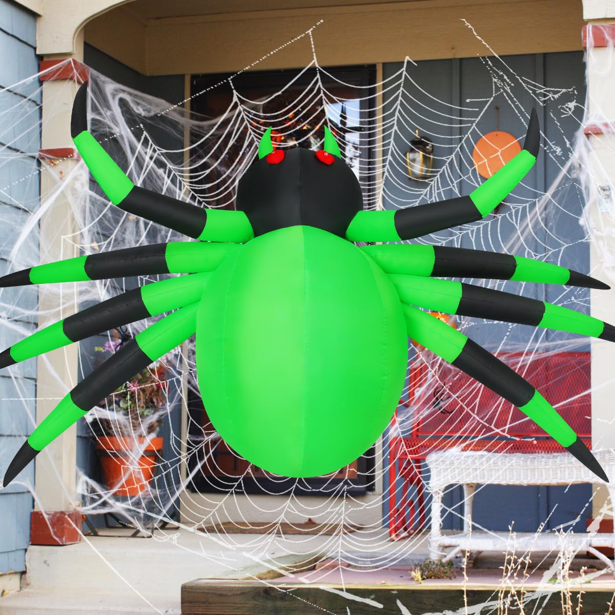 COMIN 9FT Width Halloween Inflatables Outdoor Decorations Spider Blow Up Yard Decoration with Built-in LED for Yard Garden Party Lawn (Green)