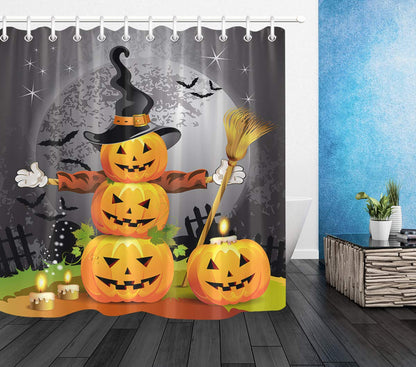 LB Halloween Pumpkins Shower Curtain Set Magic Hat Ghost Broom Bathroom Curtain Party Decor,Bath Curtain Hooks Include,72x72 inch Waterproof Polyester Fabric