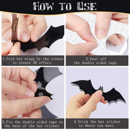 Comtraker Halloween Fireplace Mantle Decorations, Black Lace Spiderweb Mantel Scarf Cover Garland and 60 Pcs 3D Halloween Bats Wall Decor Stickers Decals for Festive Party Supplies, 18 x 98 inch