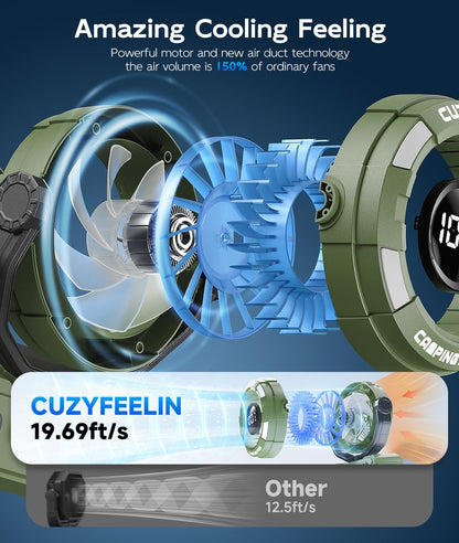 CuzyFeelin Portable Fan Rechargeable - Versatility Camping Fan with LED Lantern & Hook - USB Battery Powered, Cordless, 15-80H, 100 Speeds, 180° Oscillation - for Table, Outdoor, Tent, Travel - Green