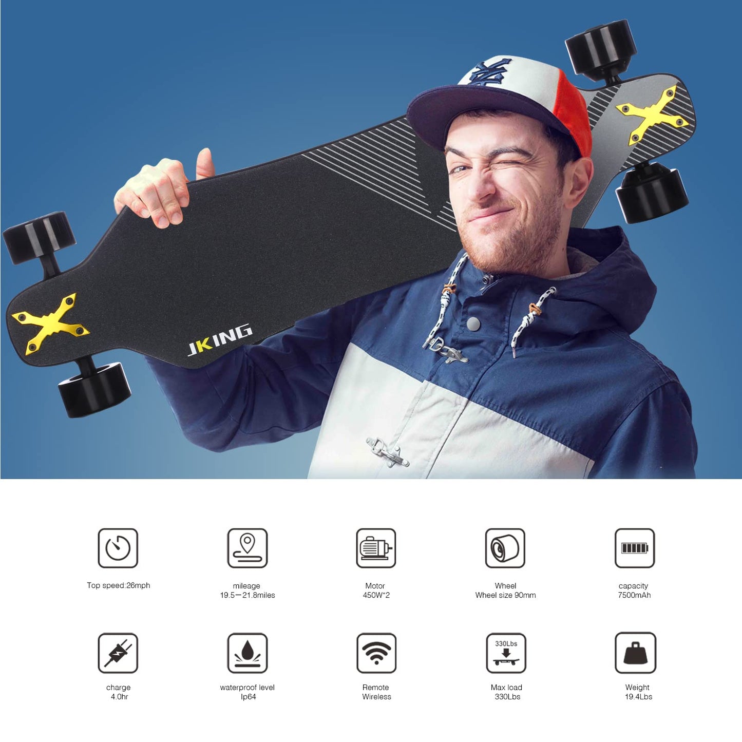 Electric Skateboard Electric Longboard with Remote Control Electric Skateboard,900W Hub-Motor,26 MPH Top Speed，21.8 Miles Range,4 Speed Adjustment，Max Load 330 Lbs,6 Months Warranty