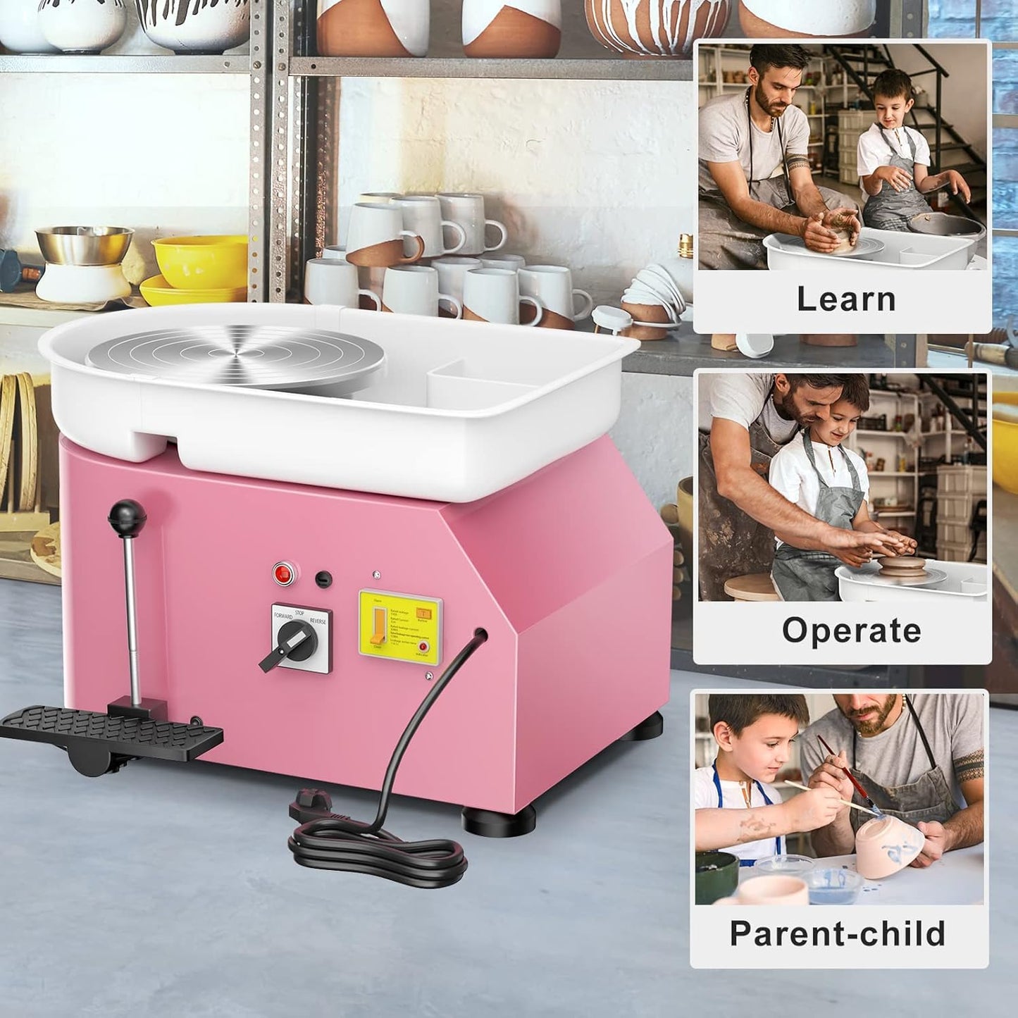 Pottery Wheel Pottery Forming Machine 25CM 350W Electric Pottery Wheel with Foot Pedal DIY Clay Tool Ceramic Machine Work Clay Art Craft (Pink)