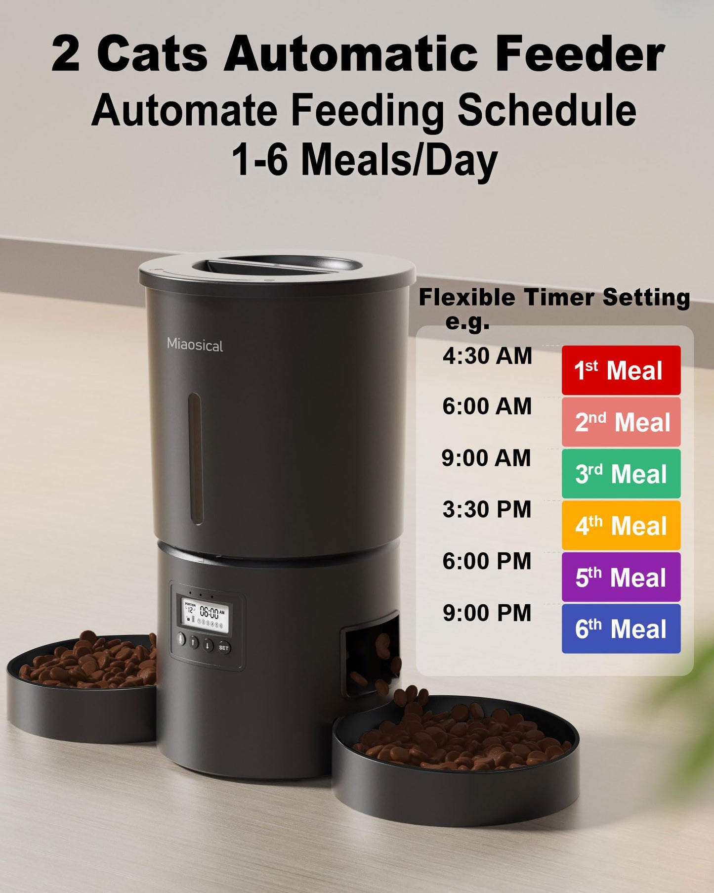 Dual Automatic Cat Feeder 2 Cats,6 Meals/Day,12 Portions/Meal,4.2L Dual Power Double Bowls Feeder,Dry Food Auto Pet Dispenser,10S Voice Record,Flexible Schedule Timer (Black,Basic Dual Bowls)