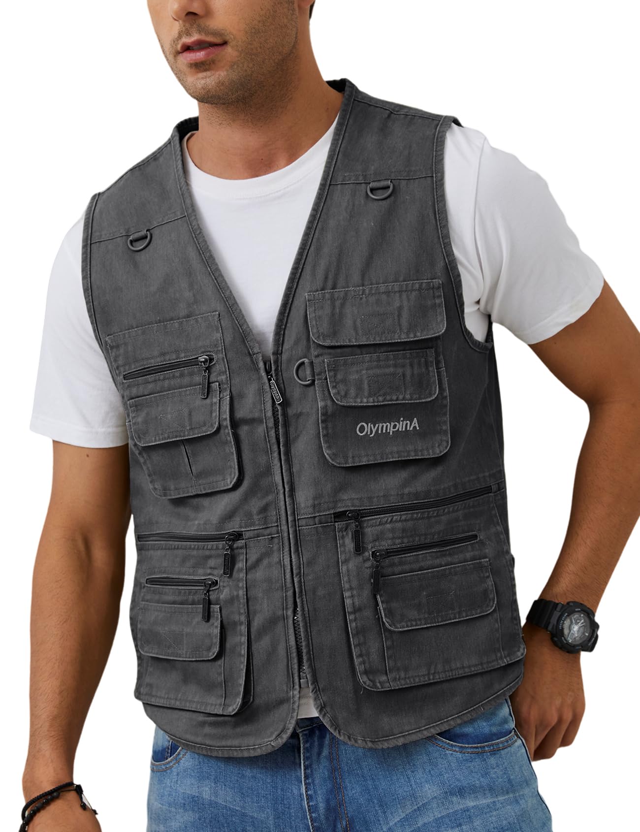 Gihuo Men's Fishing Vest Casual Utility Travel Safari Cargo Outdoor Work Photo Fly Vest Jacket with Multi Pockets (X-L, Grey)
