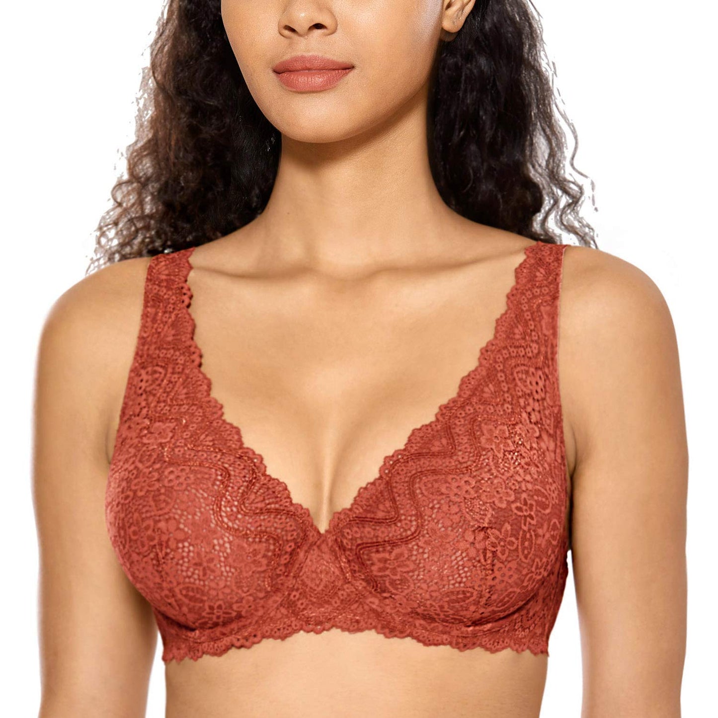 DOBREVA Women's Lace Plunge Bra Sexy Underwire Bralette Plus Size See Through Unlined Bras Pumpkin 32E