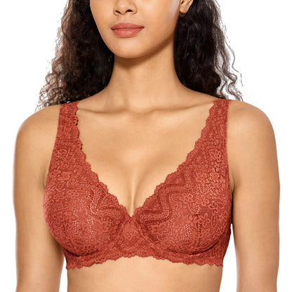 DOBREVA Women's Lace Plunge Bra Sexy Underwire Bralette Plus Size See Through Unlined Bras Pumpkin 32E