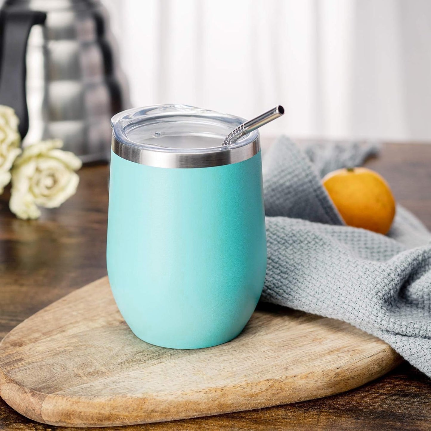 COMOOO Wine Tumbler 12oz Insulated Wine Cup Set of 4 with Lid and Straw Stainless Steel Wine Glass Tumbler Stemless for Hot and Cold Drinks, Champagne, Cocktails (Blue, 4 Pack)