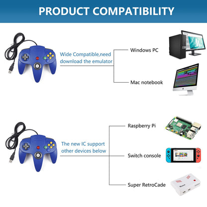 2 Pack kiwitatá N64 USB Controller for Retro Games, Classic N64 Wired Bit Gaming Pad Joystick Controller for Windows XP/7/8/10 & Mac & RetroPie Emulator Blue