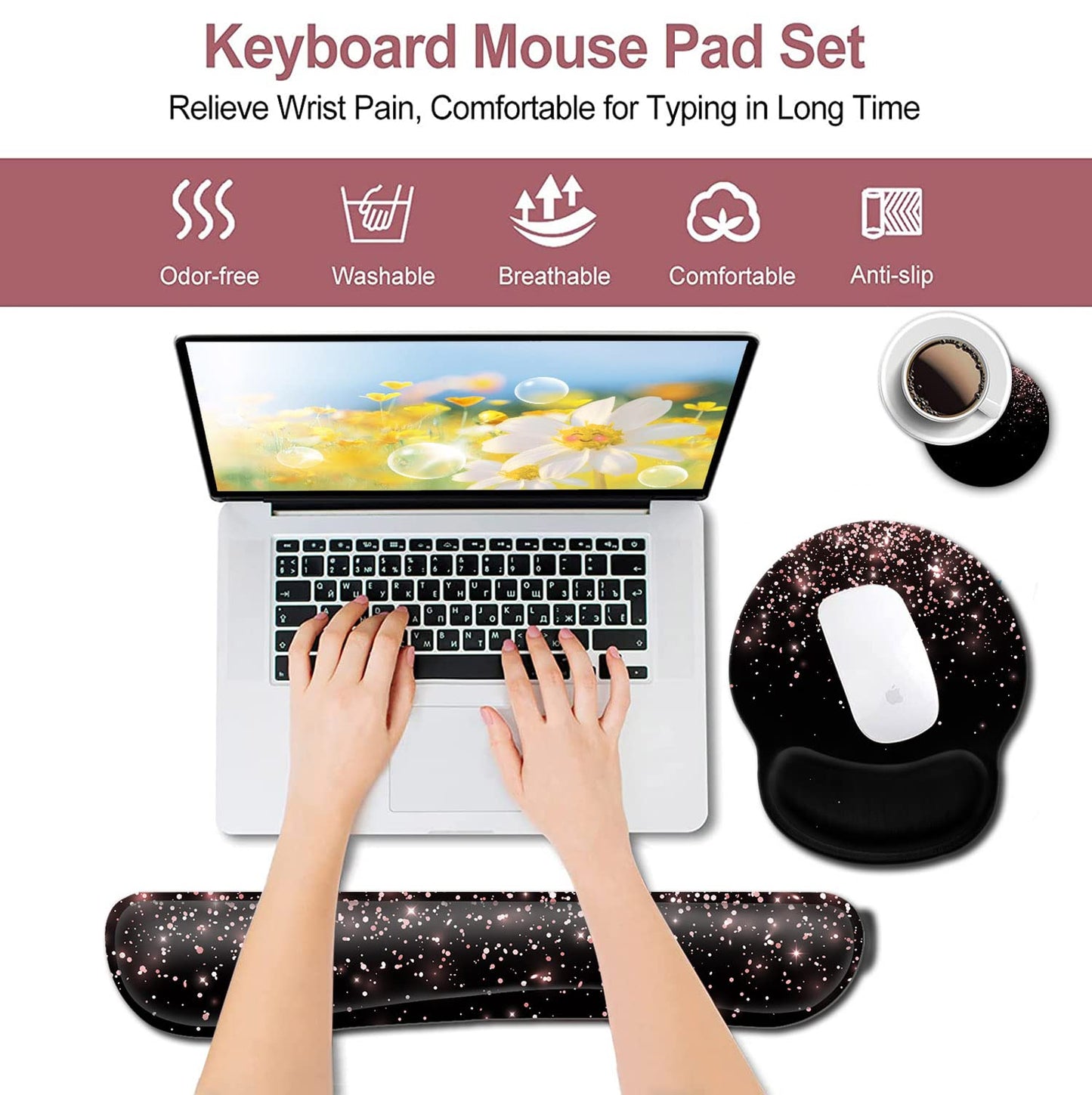 Ergonomic Gel Mouse Pad with Wrist Support - Soft Memory Foam Keyboard Rest, Dirt-Resistant, Suitable for Office Typing & Gaming, Rose Gold Glitter Pattern
