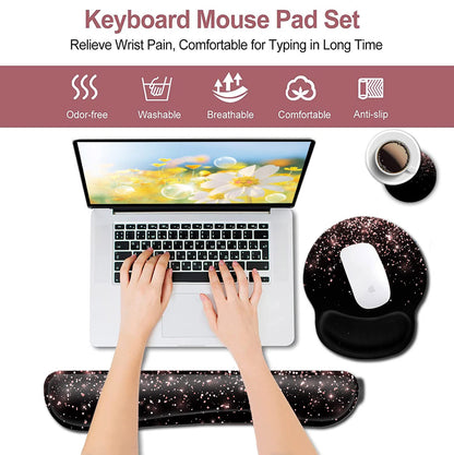 Ergonomic Gel Mouse Pad with Wrist Support - Soft Memory Foam Keyboard Rest, Dirt-Resistant, Suitable for Office Typing & Gaming, Rose Gold Glitter Pattern