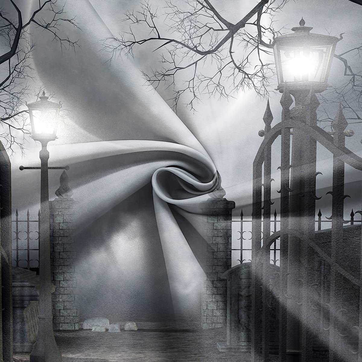 DePhoto Halloween Shower Curtain for Bathroom Scary Night Courtyard Door Spooky Moon Horrifying Dead Tree Street lamp Poliester Water Proof Fabric Decoration with 12Hooks 72x72inch