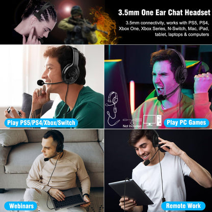 Joso Wired One Ear Headset with Mic, Single Ear Headset for PS5, PS4, Xbox, Switch, PC, iPad, Mac & Tablet with 3.5mm - Chat Headphone, Office Business, Coach, Gaming, Remote Work