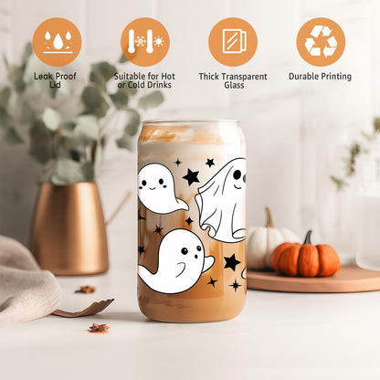 Coolife Ghost Halloween Cup, 16 oz Tumbler Glass Cups w/Lids Straws - Spooky Iced Coffee Mug for Smoothie, Cute Halloween Gifts for Women, Girls - Boo Basket Stuffers, Spooky Gifts for Teens, Her