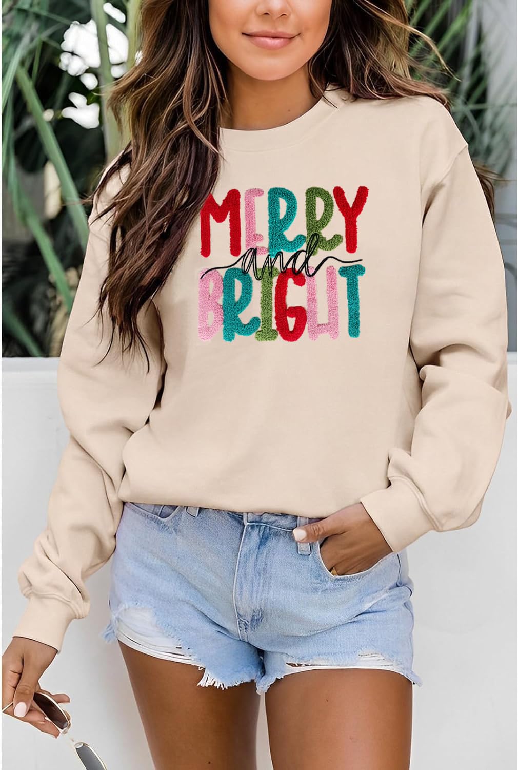 Merry Christmas Sweatshirts Women Merry And Bright Christmas Pullover Top Chenille Patch Letter Printed Xmas Gifts Top Apricot