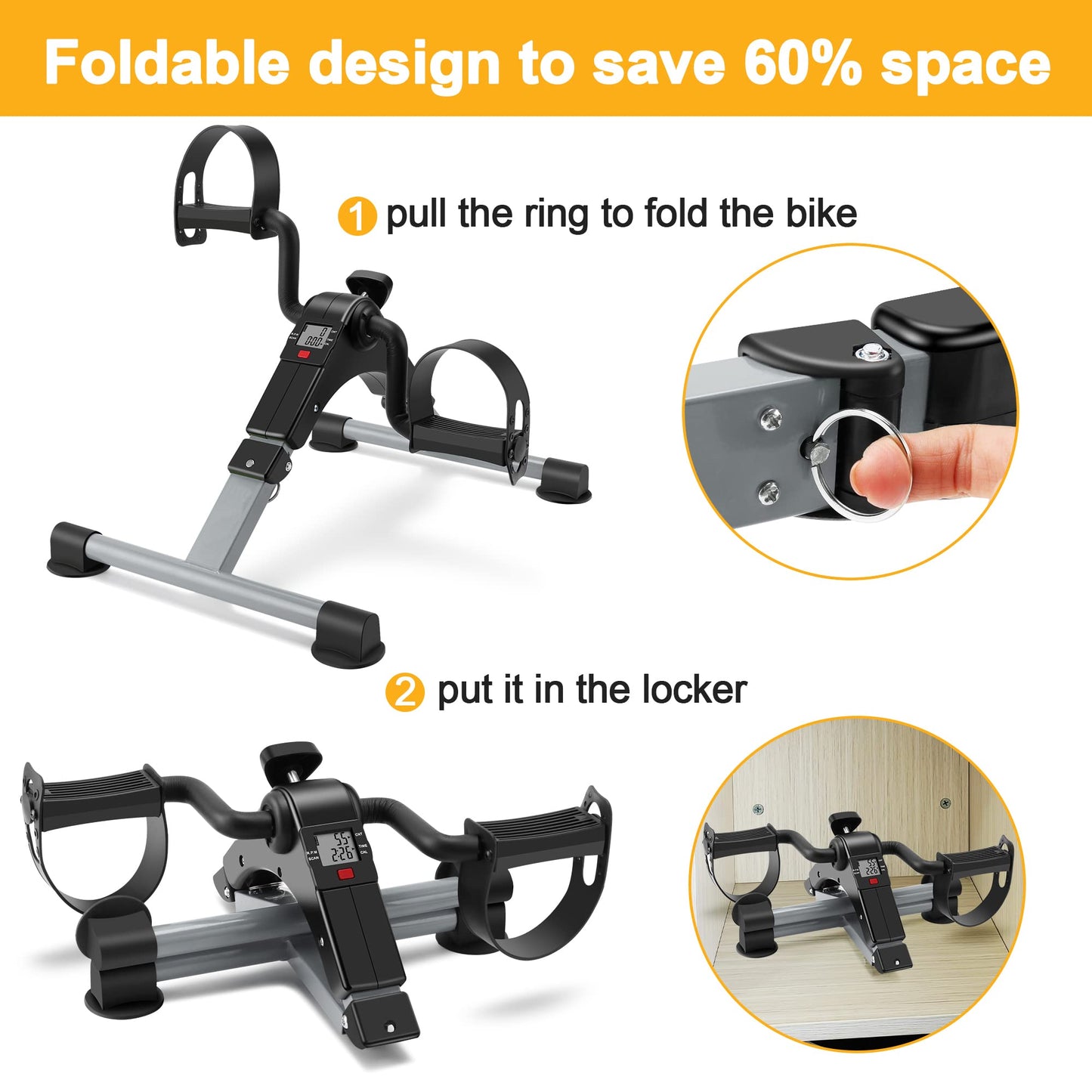 Folding Pedal Exerciser Mini Exercise Bike Portable Peddler Under Desk Bike with LCD Display for Arms and Legs Workout (Gray)
