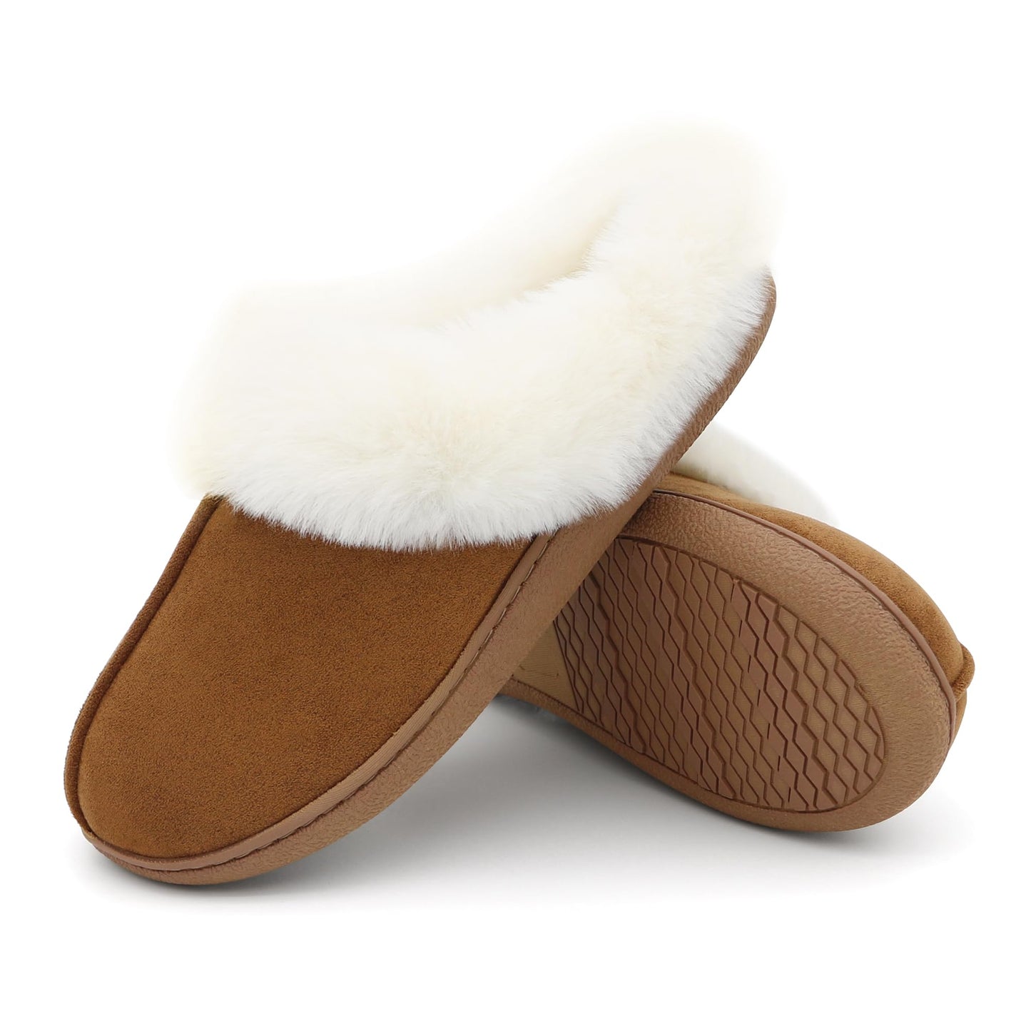 Jerzmy Fuzzy Slippers for Women, Memory Foam Cushion Womens House Slippers Suede Fluffy Faux Fur Lining Comfy Home Shoes for Indoor Outdoor Bedroom Garden Winter Brown Size 7