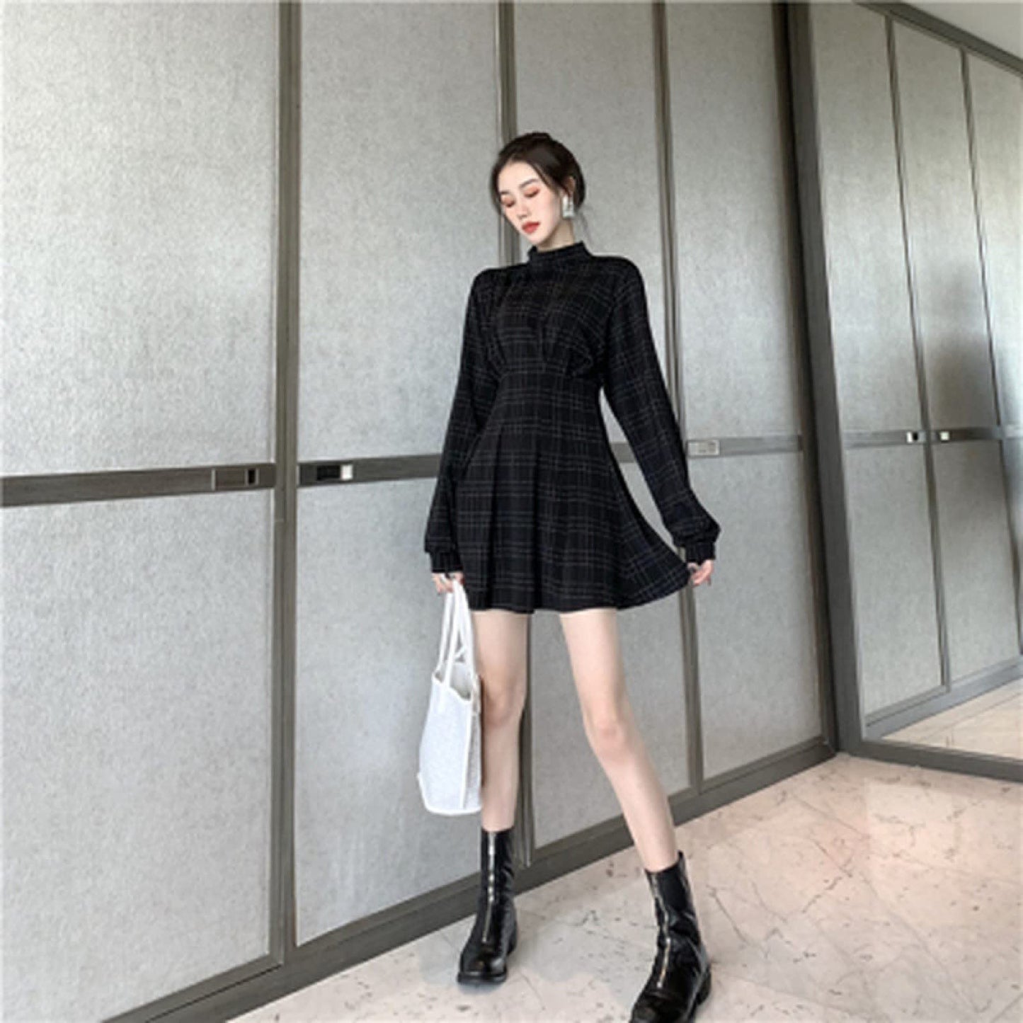 Goth Long Sleeve Dress Gothic Harajuku Vintage Plaid Wrap Balck Mini Dress Retro Pleated Punk Long Sleeve Dark Emo(Gray Grid,L)