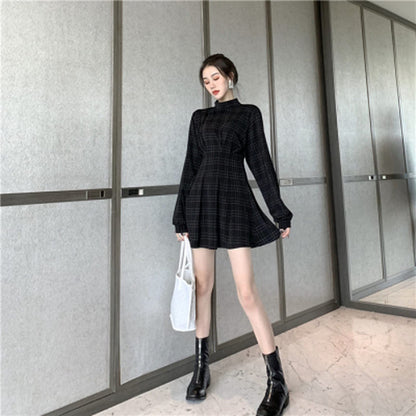 Goth Long Sleeve Dress Gothic Harajuku Vintage Plaid Wrap Balck Mini Dress Retro Pleated Punk Long Sleeve Dark Emo(Gray Grid,L)