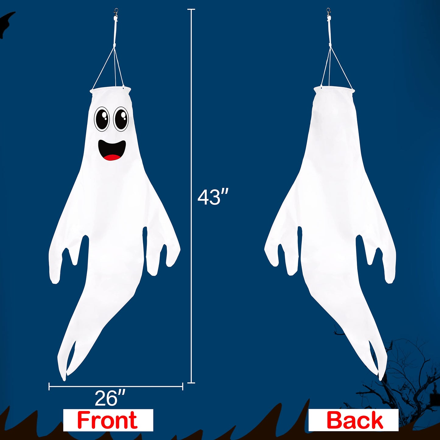 3PCS 43 Inch Halloween Ghost Windsocks Hanging Decorations - Flag Wind Socks for Home Yard Outdoor Decor Party Supplies (Batteries Not Included,No Timer)
