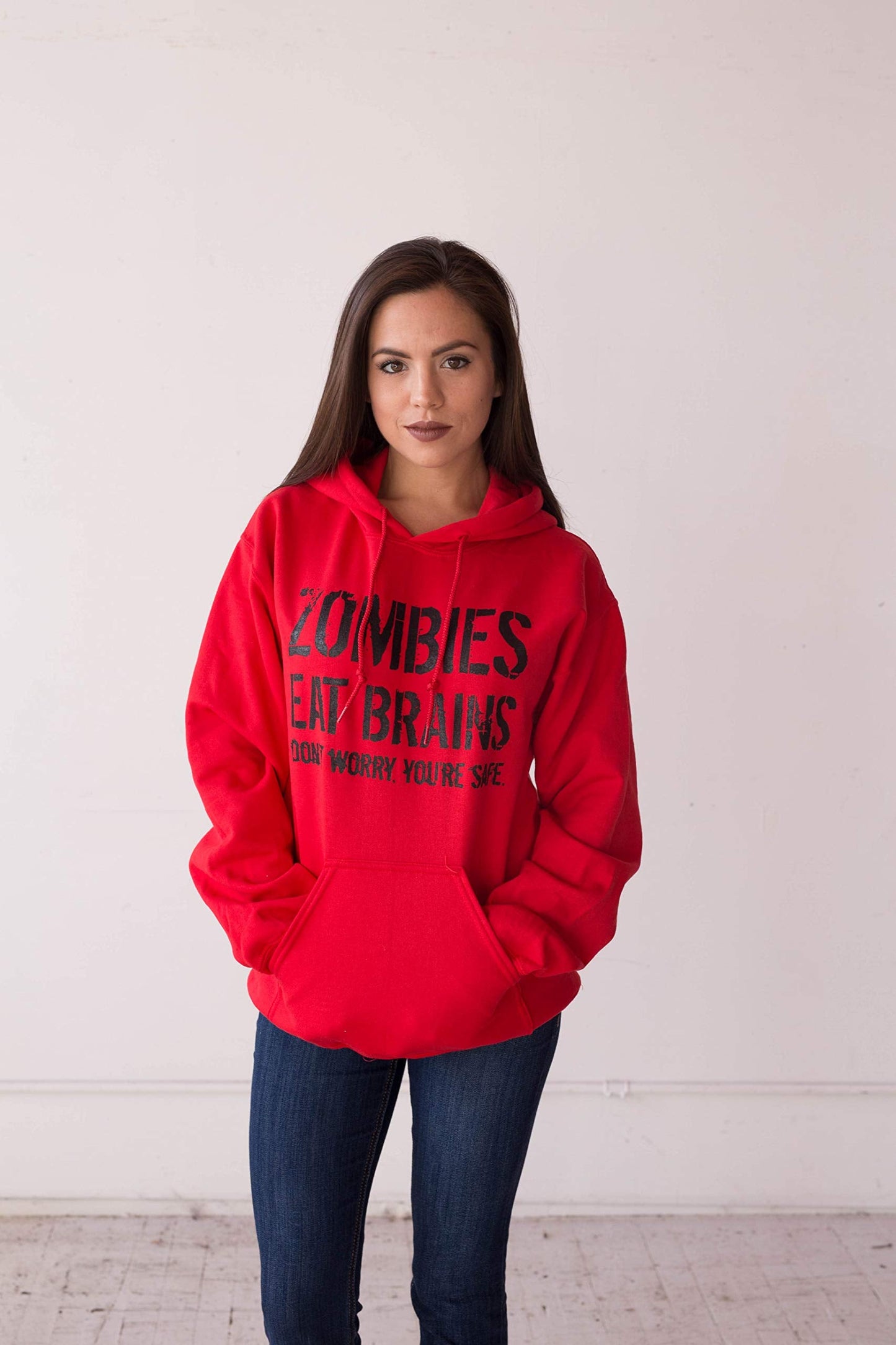 Crazy Dog Unisex Zombies Eat Brains Don't Worry You're Safe Novelty Hoodie Funny Halloween Sweatshirt Undead Sarcastic Humor Sweater Heather Red XL