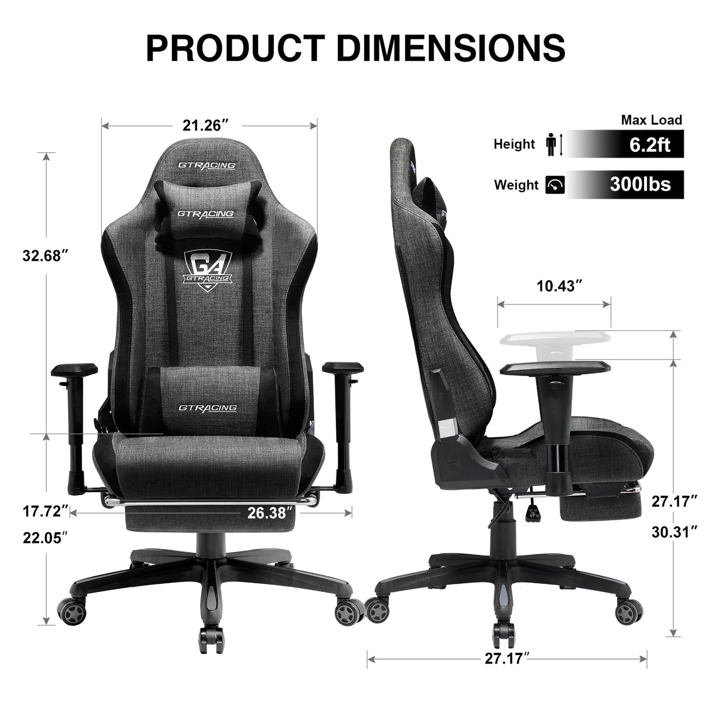 GTRACING Gaming Chair with Footrest, Fabric Breathable Big and Tall Ergonomic Computer Chair 350 lbs with Adjustable Lumbar Support and Recliner, High Back Game Chair for Office Gaming, Darkgray