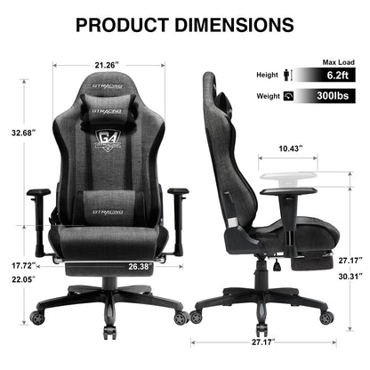 GTRACING Gaming Chair with Footrest, Fabric Breathable Big and Tall Ergonomic Computer Chair 350 lbs with Adjustable Lumbar Support and Recliner, High Back Game Chair for Office Gaming, Darkgray