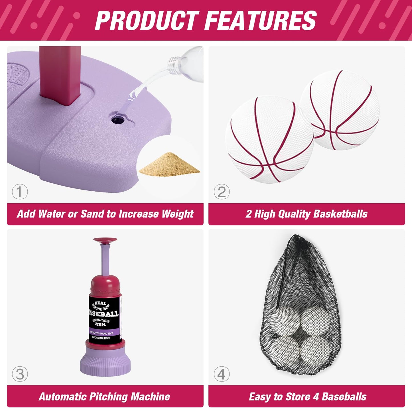 HYES 2 in 1 Kids Basketball Hoop and T Ball Set - Adjustable Height, Kids Baseball Tee with Automatic Pitching Machine, Indoor Outdoor Sport Toys Gifts for Toddler Boys Girls Age 1-5, Pink