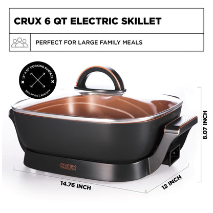 Crux Extra Deep Nonstick Scratch Resistant Electric Skillet with Removeable Temperature Probe, 12" x 12", silver (14620)