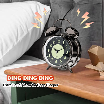 Lesipee Loud Alarm Clock for Heavy Sleeper, Clocks for Bedroom, 4'' Battery Operated Metal Clocks with Night Light, Retro Analog Clock for Student with Luminous dial Non-Ticking, Back to School