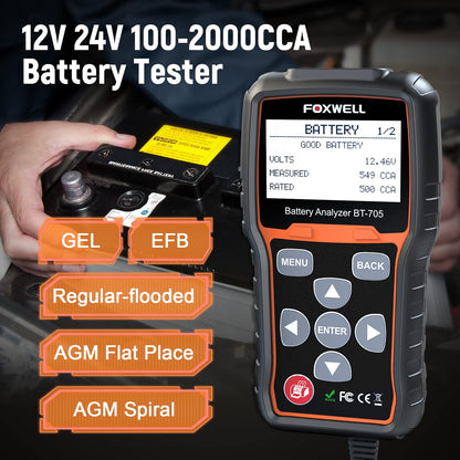 FOXWELL BT705 Car Battery Tester 12V 24V, Automotive 100-2000CCA Battery Load Tester Analyzer, Digital Cold Cranking Charging System Alternator Tester for Heavy Duty Truck Boat Marine SUV ATV