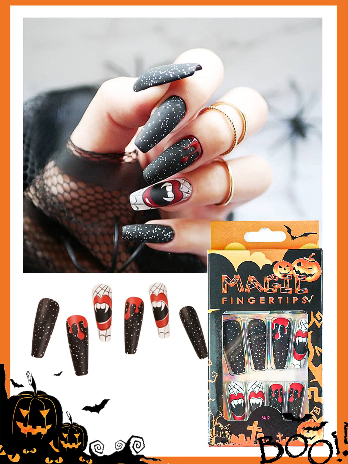 96 Pcs Halloween Press on Nails, Wsimily Halloween Long Coffin Acrylic Artificial False Nails Fake Nail with 96 Pcs Nail Adhesive Tabs, Pumpkin Spider Bat Design for Women Girl Nail Art Decoration