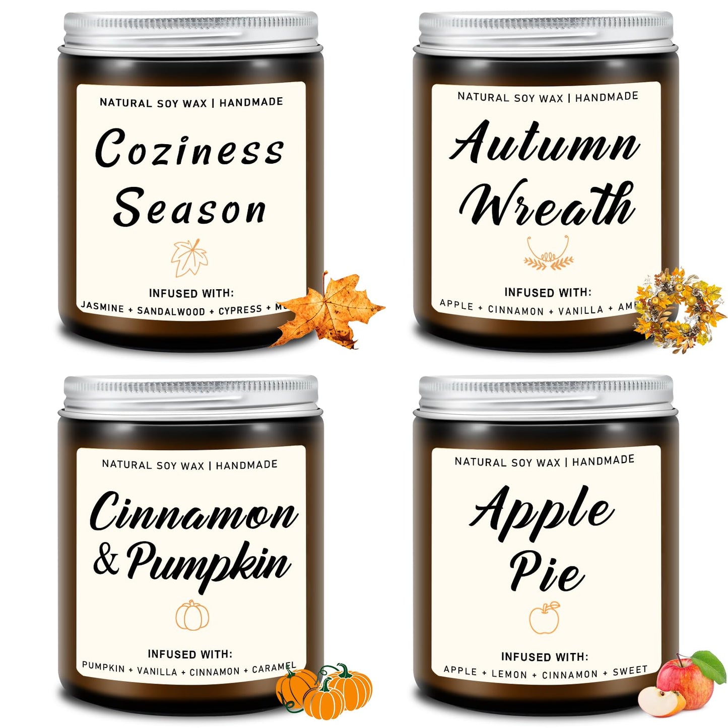 Homsolver Set of 4 Fall Scented Candles, Home Fall Decor, Candles Gifts for Women Men - Apple Pie/Autumn Wreath/Cozy Season/Cinnamon Pumpkin Scented for Autumn