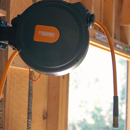 Freeman P1465CHR 1/4" x 65' Compact Retractable Air Hose Reel with Brass Fittings, Mounting Bracket, and Lead Hose