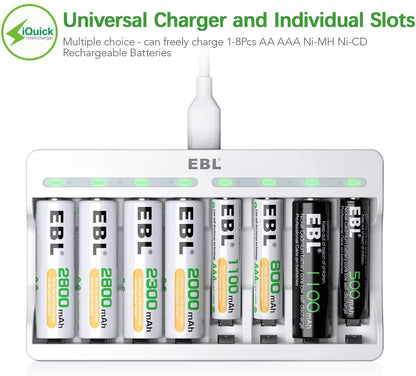 EBL Rechargeable AAA Batteries 1100mAh (8 Counts) and 8 Slot AA AAA Independent Rechargeable Battery Charger with 5V 2A USB Fast Charging Function