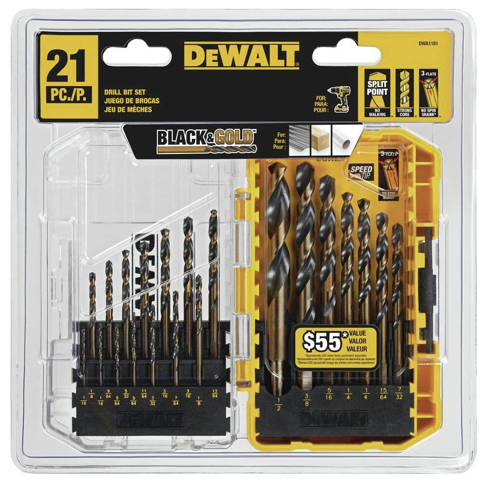 DEWALT Drill Bit Set, 21-Piece, 135 Degree Split Point, 31 Degree Helix, Black Oxide Coated, For Plastic, Wood and Metal (DWA1181)