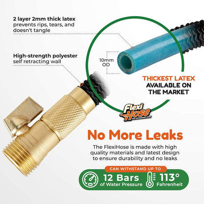 Flexi Hose with 8 Function Nozzle Expandable Garden Hose, Lightweight & No-Kink Flexible Garden Hose, 3/4 inch Solid Brass Fittings and Double Latex Core, 75 ft Black