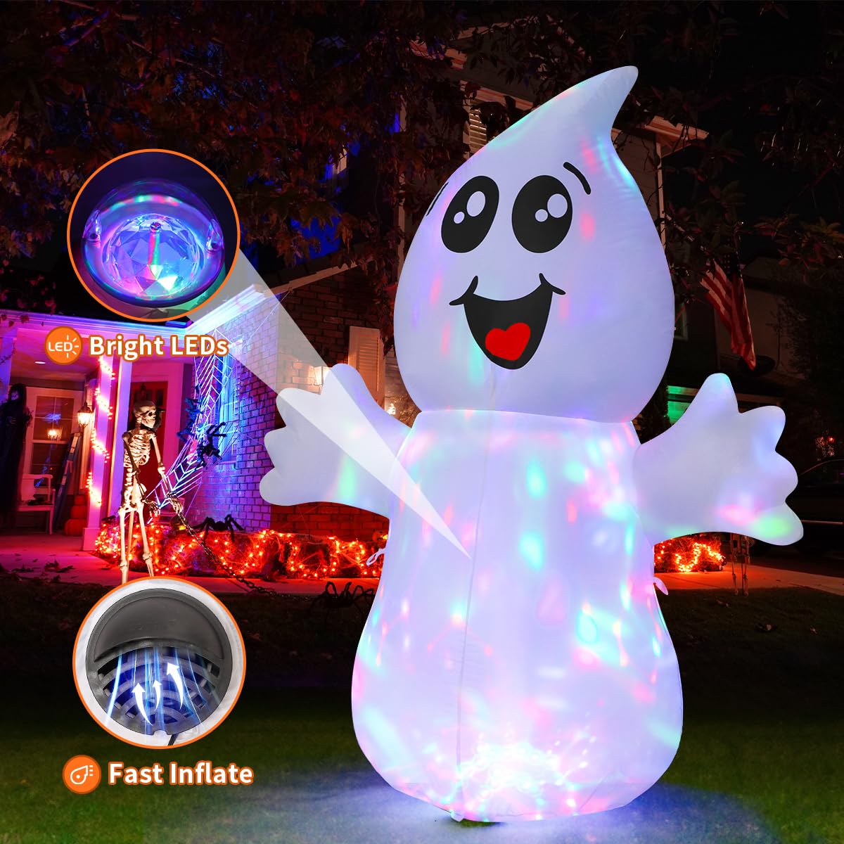 GOOSH 5 FT Halloween Inflatable Ghost Outdoor Decoration with Magic Light, Blow Up Yard Decoration with Built-in LEDs for Garden Lawn Indoor Party Holiday Decor