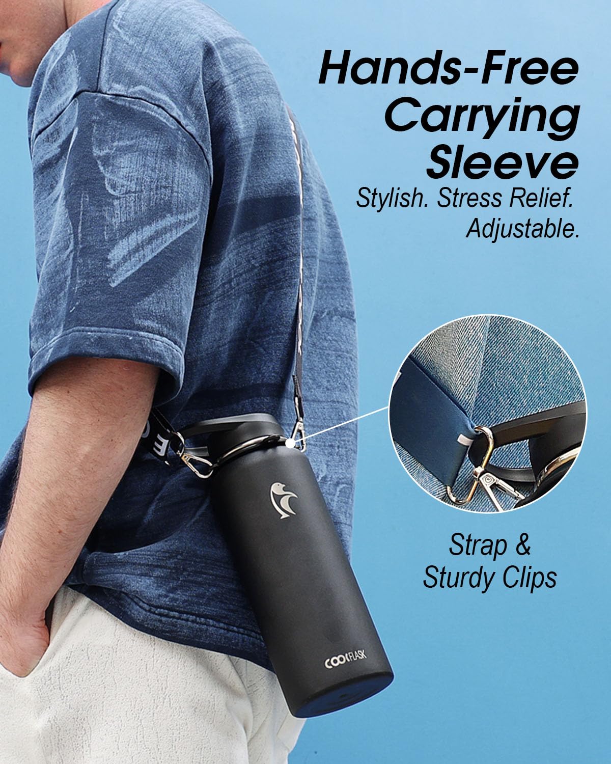 Coolflask 40 oz Water Bottle with Strap, Insulated Metal Water Flask with Straw & Spout Lids, Stainless Steel Double Wall Vacuum, Keep Cold 48h Hot 24h, Leak Proof & Non-BPA, Magic Black