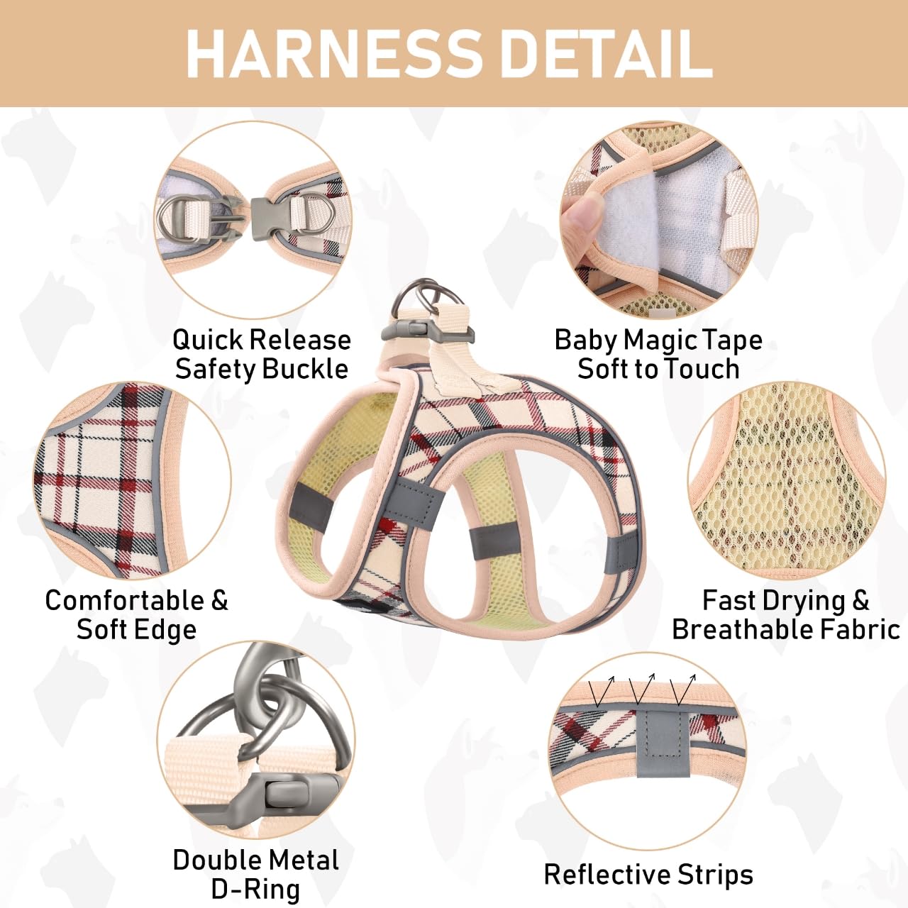 GAMUDA Small Dog Harness Collar and Leash Set, Step in No Chock No Pull Soft Mesh Adjustable Dog Vest Harnesses Plaid Reflective for Dogs Puppy Cats Kitten Rabbit (Beige, XXS)