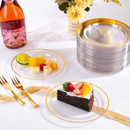 DaYammi 240Pcs Appetizer Plates Include 120Pcs Gold Dessert Plates 6.3inch with 120Pcs Gold Plastic Forks 5.7inch,Clear gold plates Disposable Salad Plate for Party Cake Plate for Wedding