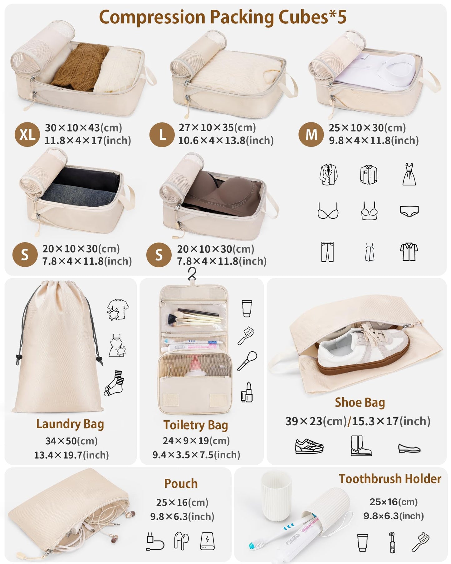 Compression Packing Cubes 10 Sets, Packing Organizers, Extensible Suitcase Organiser Bags, Travel Organizer Cubes for Travel Essentials Beige