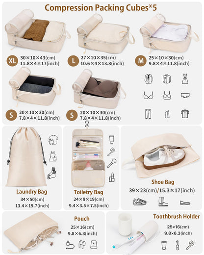 Compression Packing Cubes 10 Sets, Packing Organizers, Extensible Suitcase Organiser Bags, Travel Organizer Cubes for Travel Essentials Beige