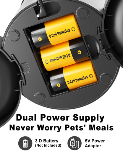 Dual Automatic Cat Feeder 2 Cats,6 Meals/Day,12 Portions/Meal,4.2L Dual Power Double Bowls Feeder,Dry Food Auto Pet Dispenser,10S Voice Record,Flexible Schedule Timer (Black,Stainless Dual Bowls)