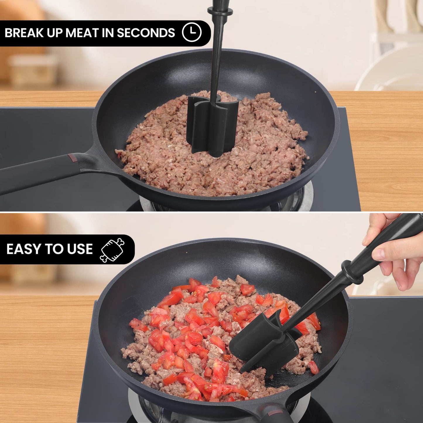 CUNSENR Premium Meat Chopper - 5 Curve Blade Ground Beef Smasher Tool - Heat-Resistant Nylon Meat Masher for Ground Beef, Hamburger, Potatoes - Non-Stick Ground Meat Chopper for Easy Mixing - Black